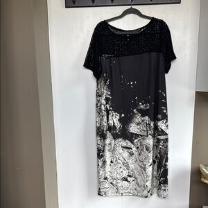 Marina Rinaldi Black and Gray Lace Sheath Midi Dress